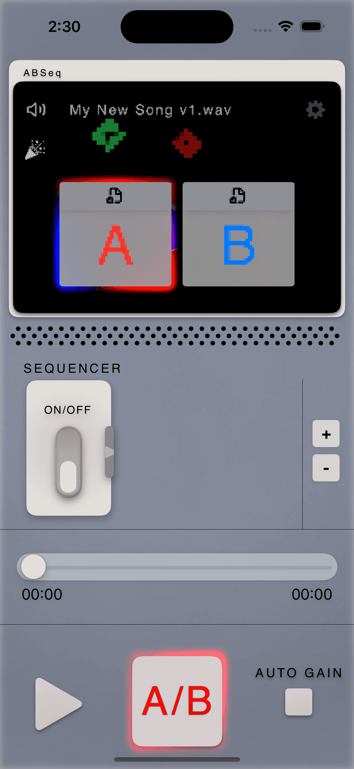 ABSeq on iPhone with tracks A and B loaded and the A/B button