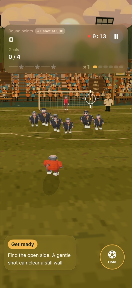 Lining up a free kick against a five-monkey wall in a packed stadium at sunset