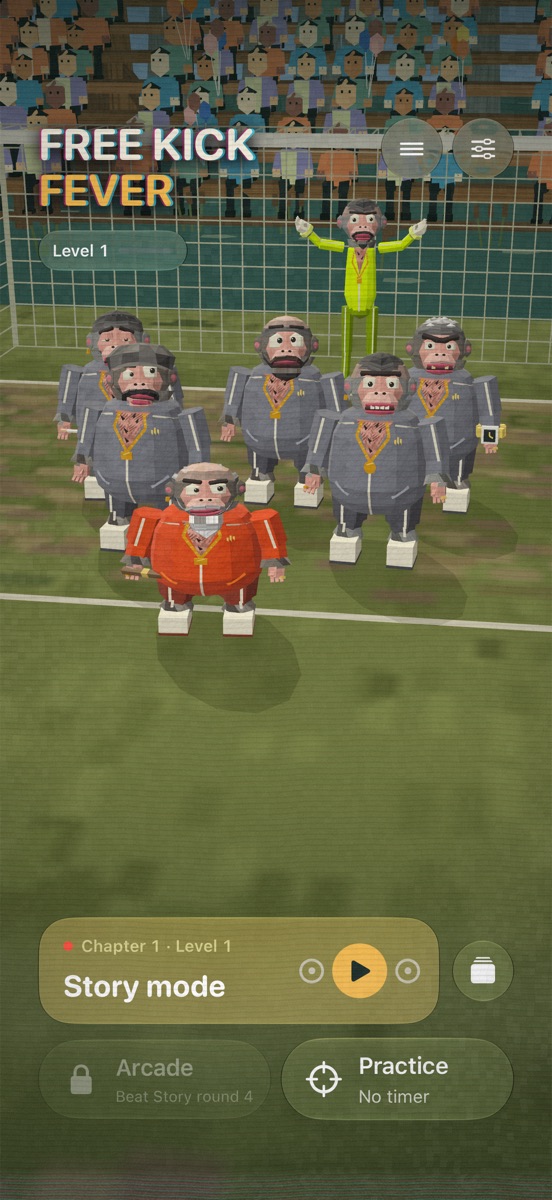 The Free Kick Fever title screen: the monkey squad on the pitch with Story, Arcade and Practice